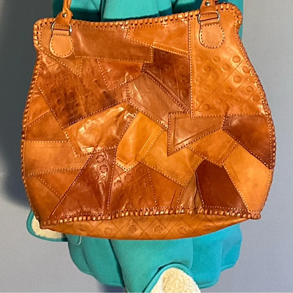 Handcrafted Patchwork Leather Tote Rose Appliqué Free People Anthro Festival - Picture 7 of 13